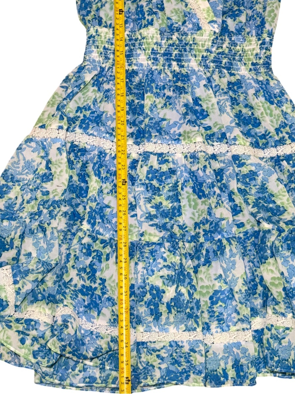 TAYLOR Vibrant Blue Floral Print Tiered Smocked Lace Trim V-Neck Babydoll Dress  - Picture 12 of 12